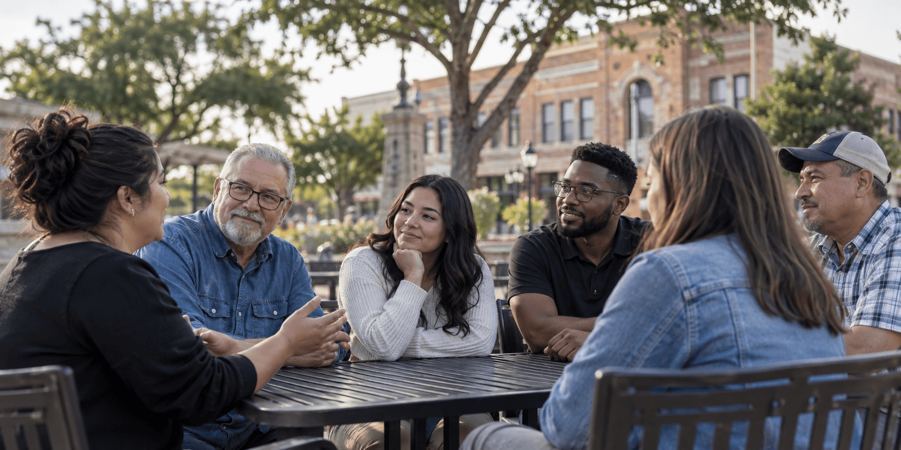 Editorial illustration of neighbors in a civic conversation; not a photograph of a Denton meeting