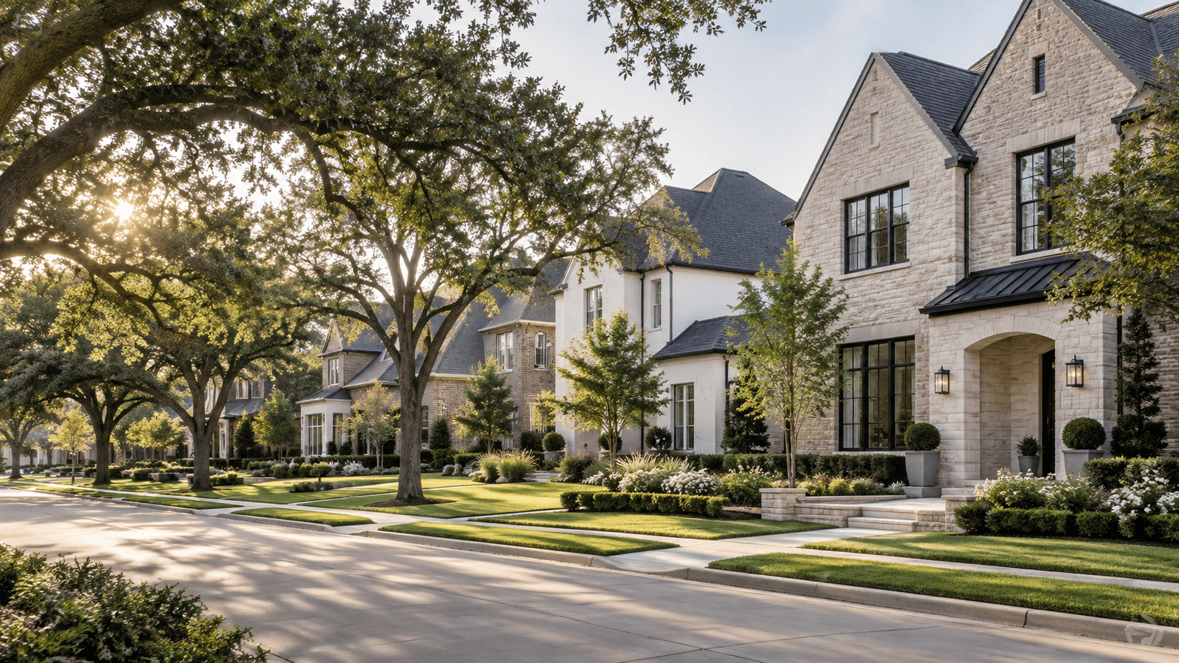 Editorial illustration of a generic North Texas residential street; not a specific listing