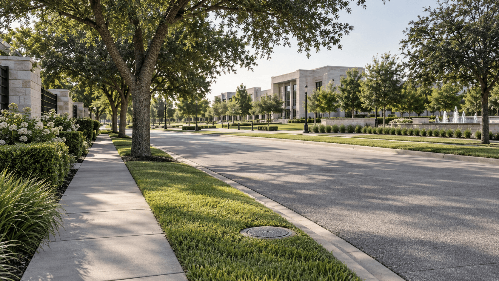 Conceptual Frisco streetscape with public green space and utility infrastructure