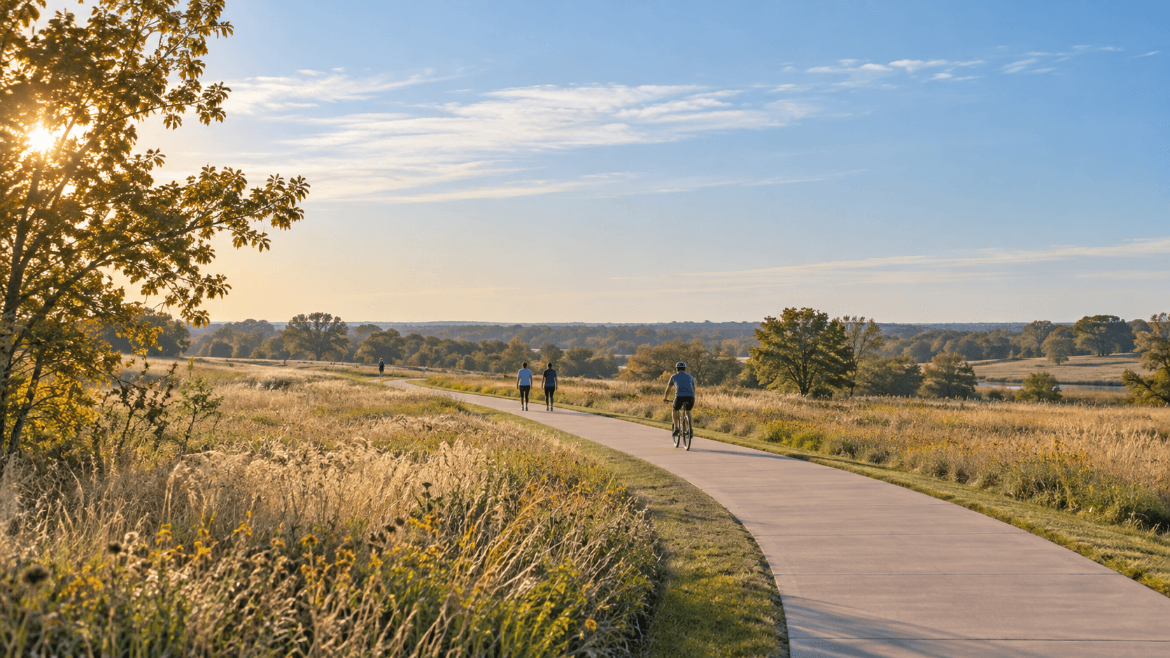 Conceptual illustration of a North Texas prairie trail with distant walkers and a cyclist; not a photograph of Northwest Community Park