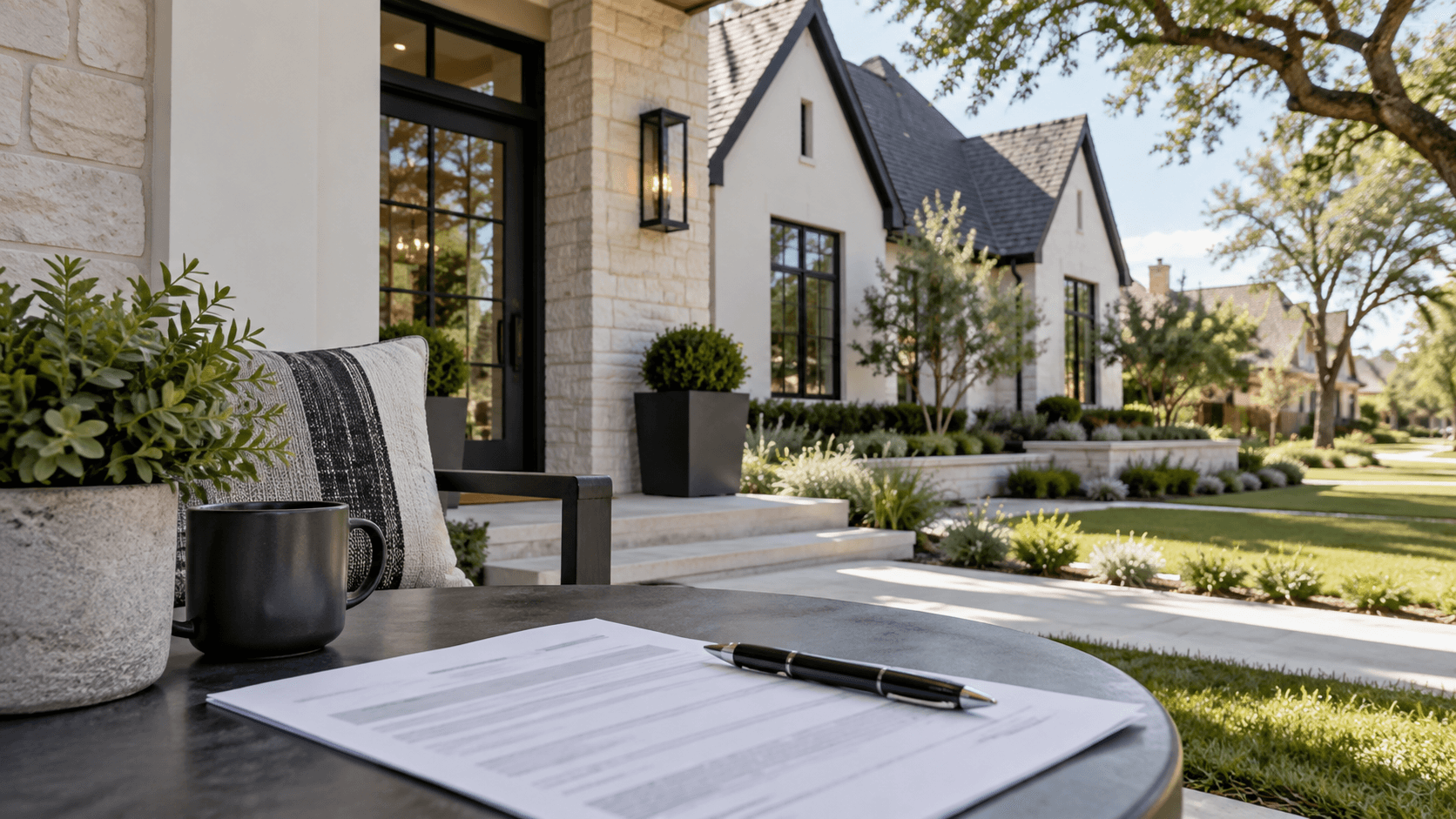 Conceptual North Texas home exterior with a blank loan document on a porch table